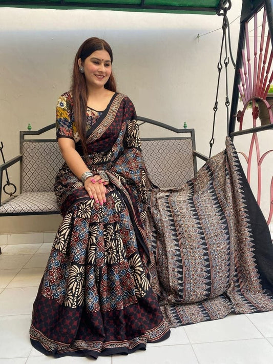 Elegant Black Ajrakh Saree with Geometric and Floral Patterns