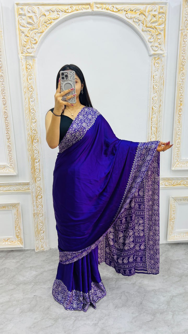 Royal Blue Ajrakh Printed Saree – Ethnic & Stylish