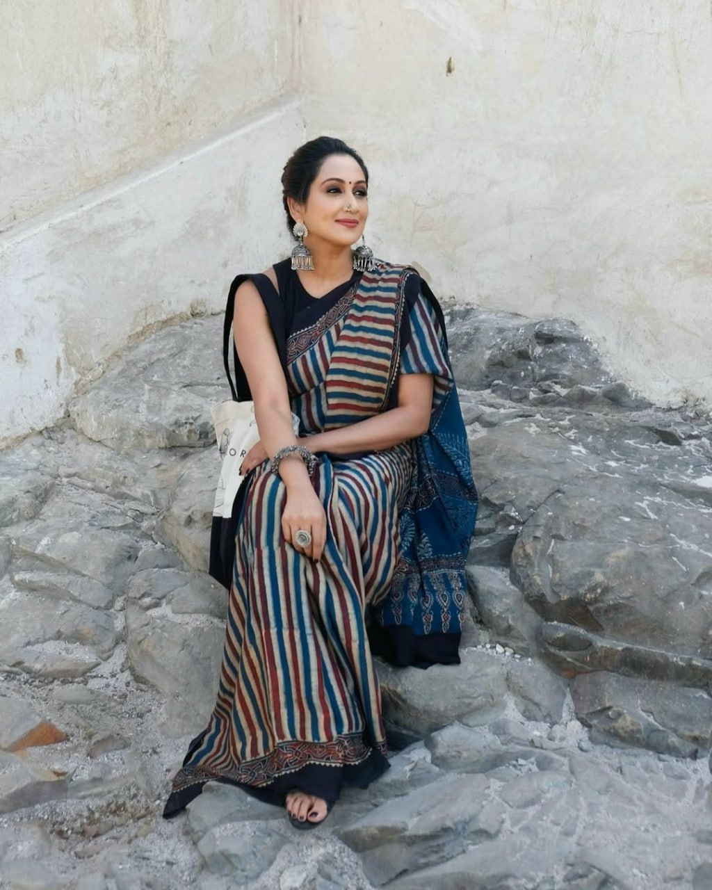 Bohemian Ajrakh Cotton Saree with Bold Stripes and Tribal Motifs