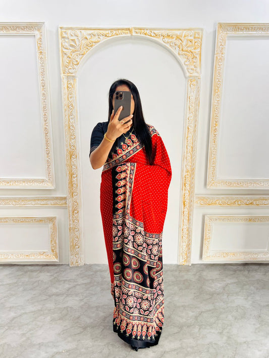 Elegant Ajrakh Saree with a Print & Patola-Style Pallu - Red