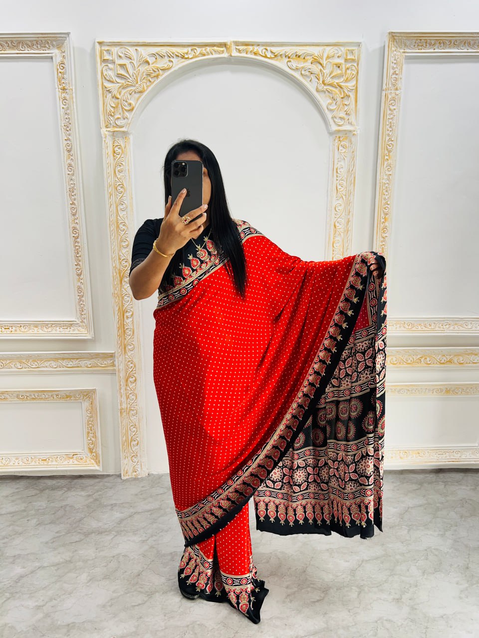 Elegant Ajrakh Saree with a Print & Patola-Style Pallu - Red