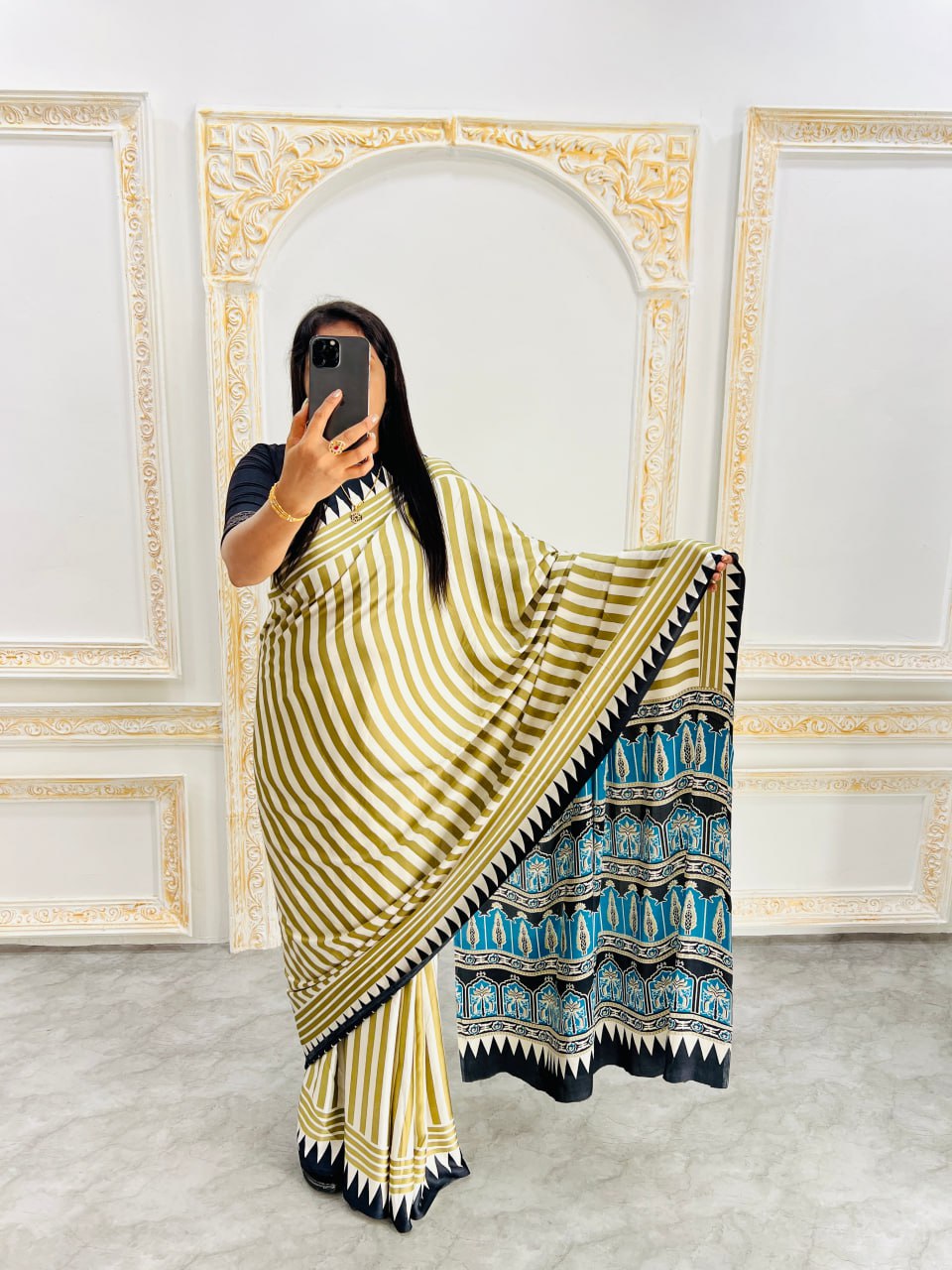 Cream & Teal Stylish Ajrakh Design Saree with Striped Pallu – Trendy Look