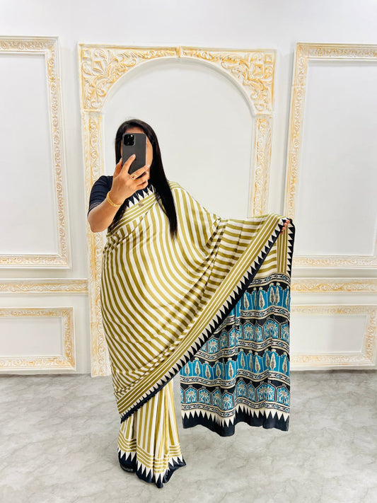 Cream & Teal Stylish Ajrakh Design Saree with Striped Pallu – Trendy Look