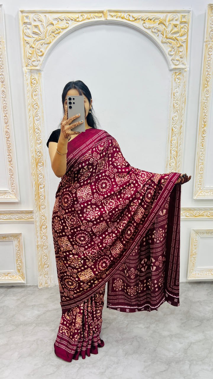 Brown Handcrafted Ajrakh Print Saree with Traditional Motifs