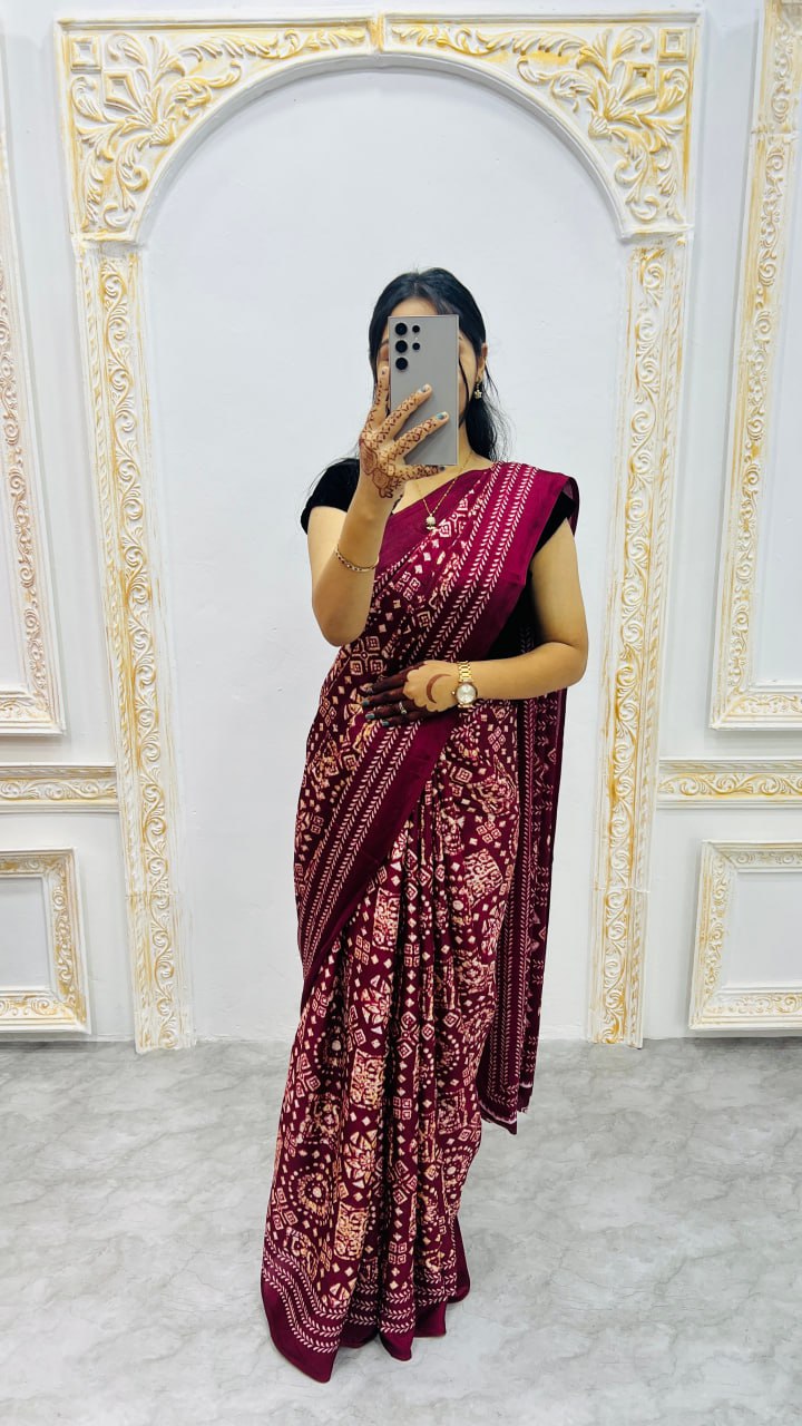 Brown Handcrafted Ajrakh Print Saree with Traditional Motifs