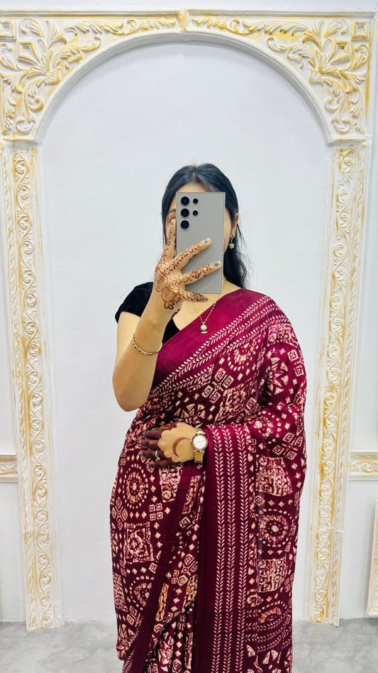 Brown Handcrafted Ajrakh Print Saree with Traditional Motifs