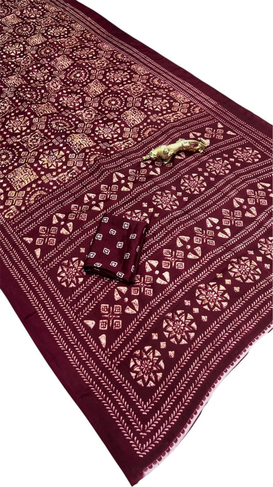 Brown Handcrafted Ajrakh Print Saree with Traditional Motifs