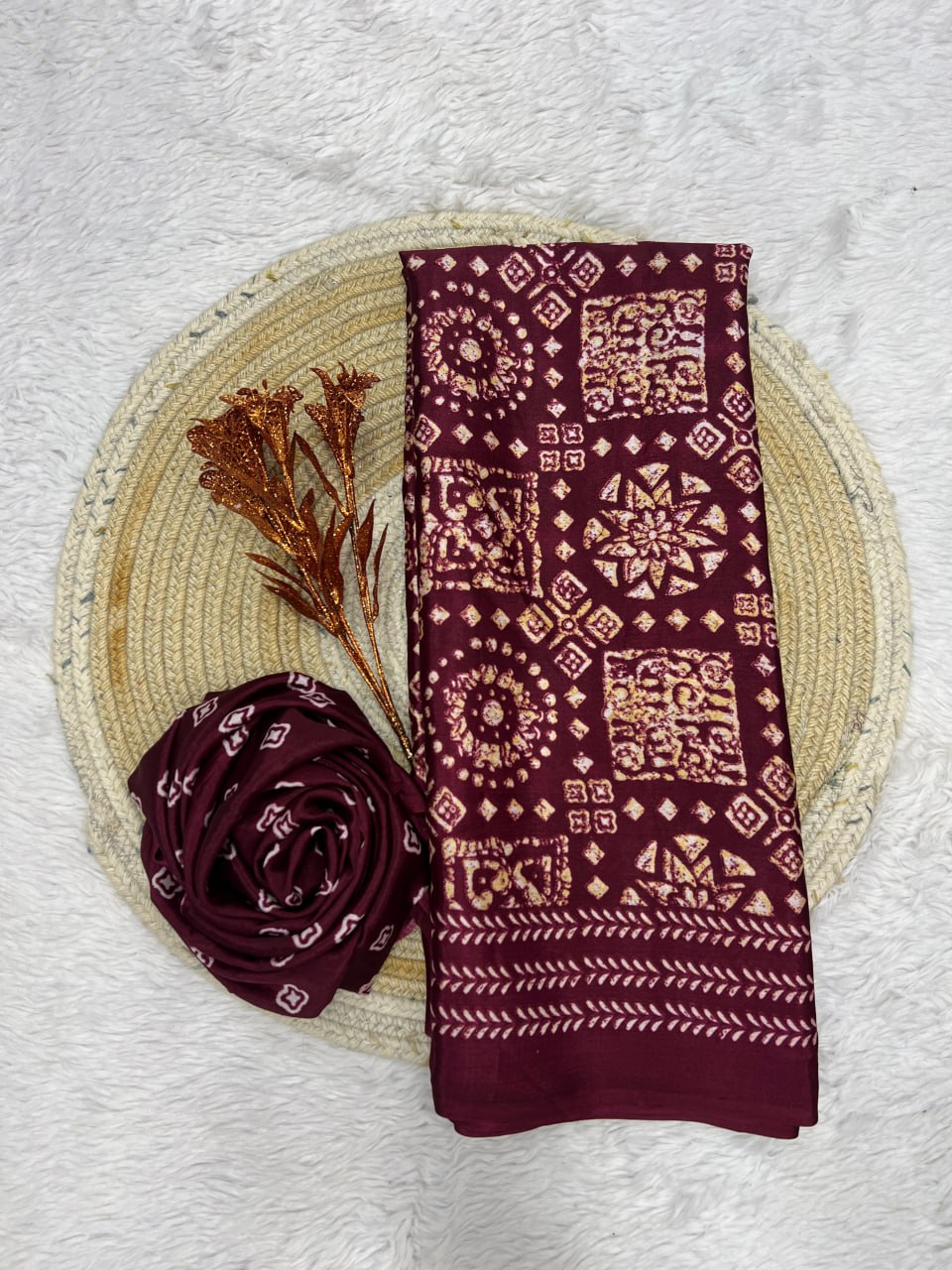 Brown Handcrafted Ajrakh Print Saree with Traditional Motifs