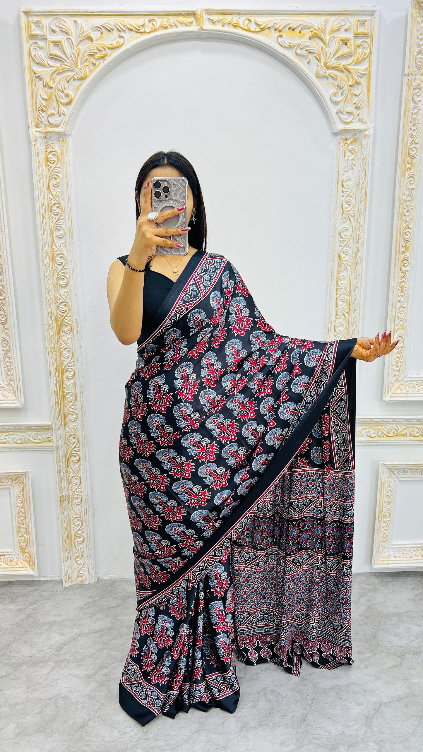 Premium Ajrakh Saree – Handcrafted Traditional Pattern – Bestseller Collection