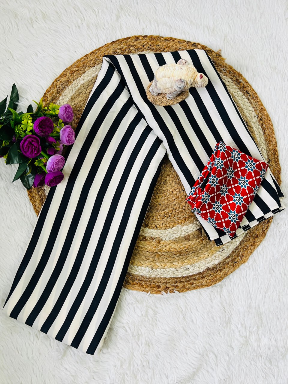 Traditional Ajrakh Inspired Black & White Striped Saree with Bold Red Pallu