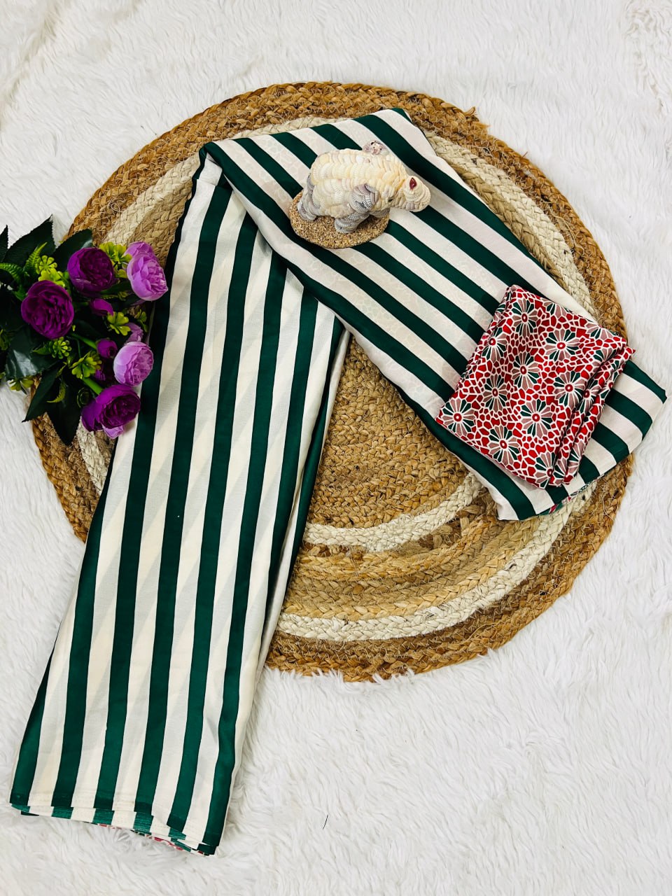 Traditional Ajrakh Inspired Green & White Striped Saree with Bold Red Pallu