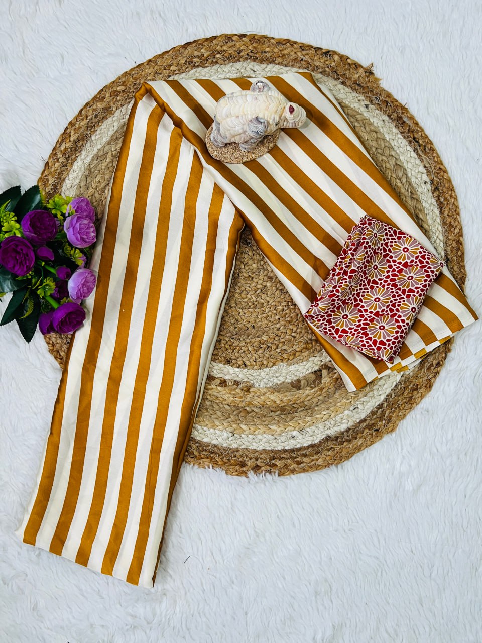 Traditional Ajrakh Inspired mustard & White Striped Saree with Bold Red Pallu