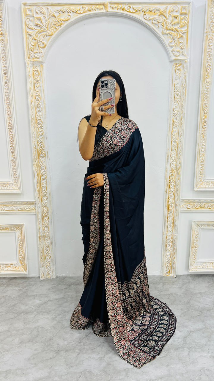 Black Ajrakh Print Saree for Festive & Ethnic Wear
