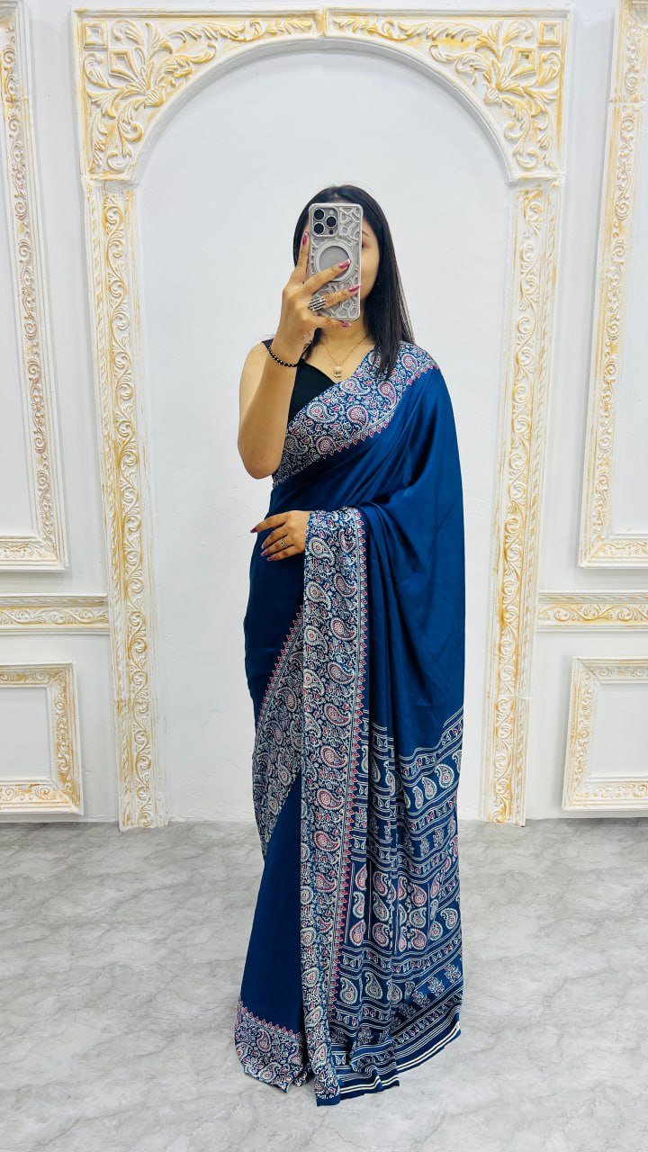 Decent Ajrakh Print Semi Gajji Saree – Traditional Ethnic Elegance