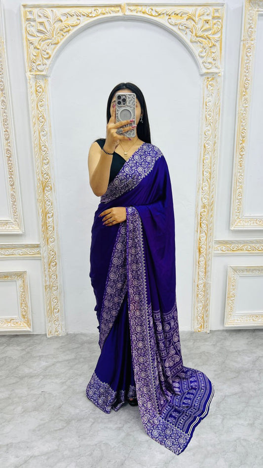 Royal Blue Ajrakh Printed Saree – Ethnic & Stylish