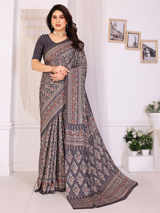 Elegant Grey Printed Pure Crepe Silk Saree with Designer Border