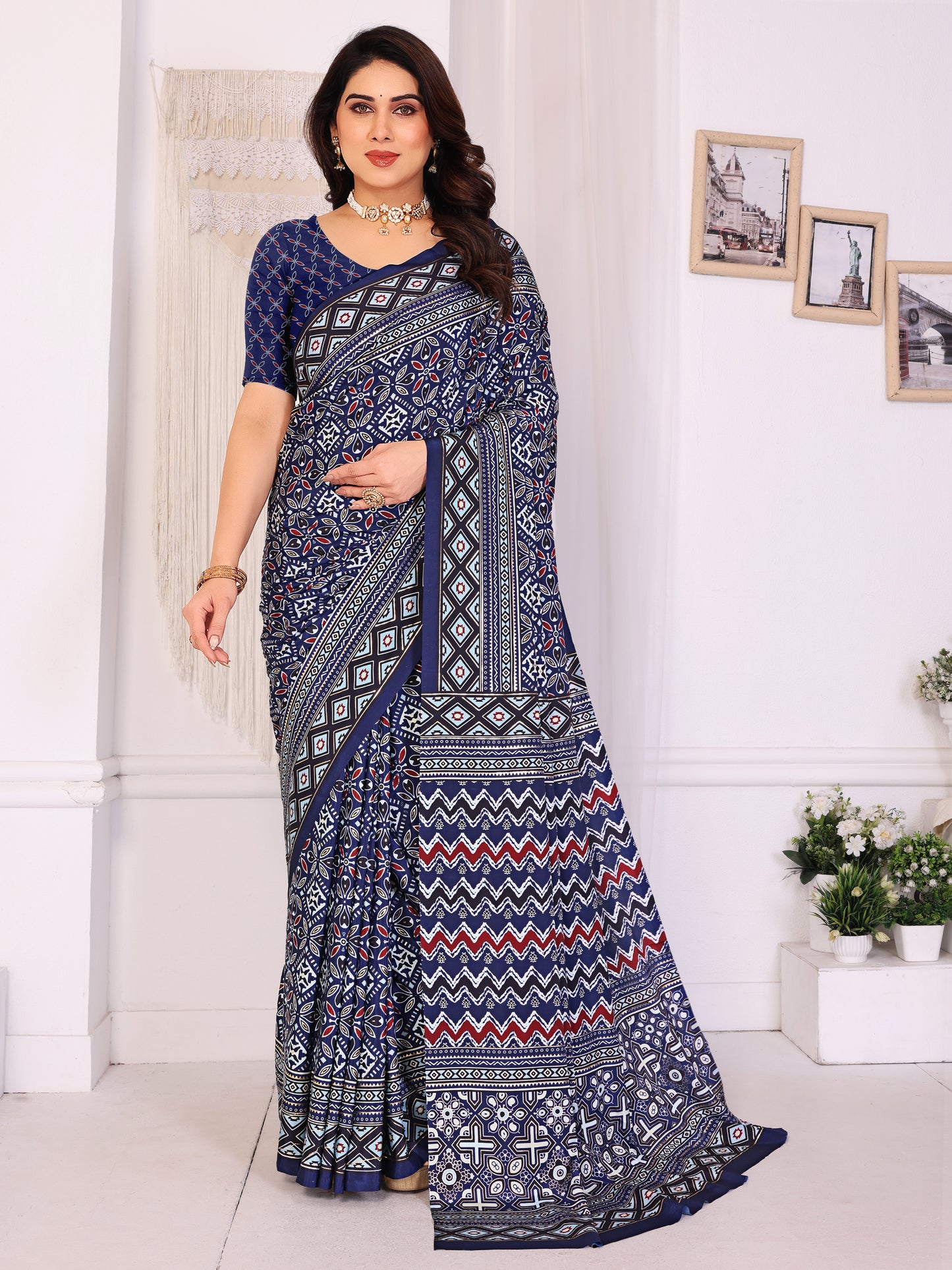 Royal Blue Pure Silk Saree with Traditional Ajrakh-Inspired Print