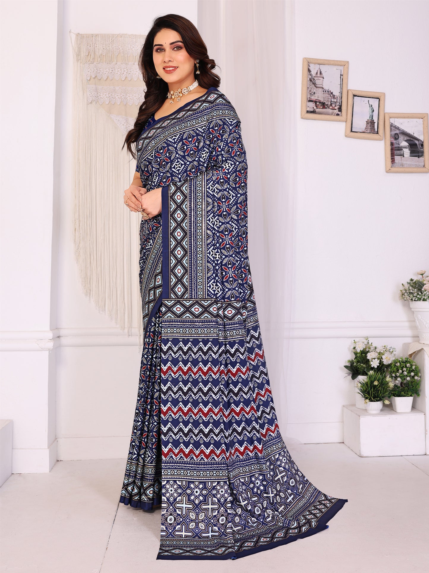 Royal Blue Pure Silk Saree with Traditional Ajrakh-Inspired Print