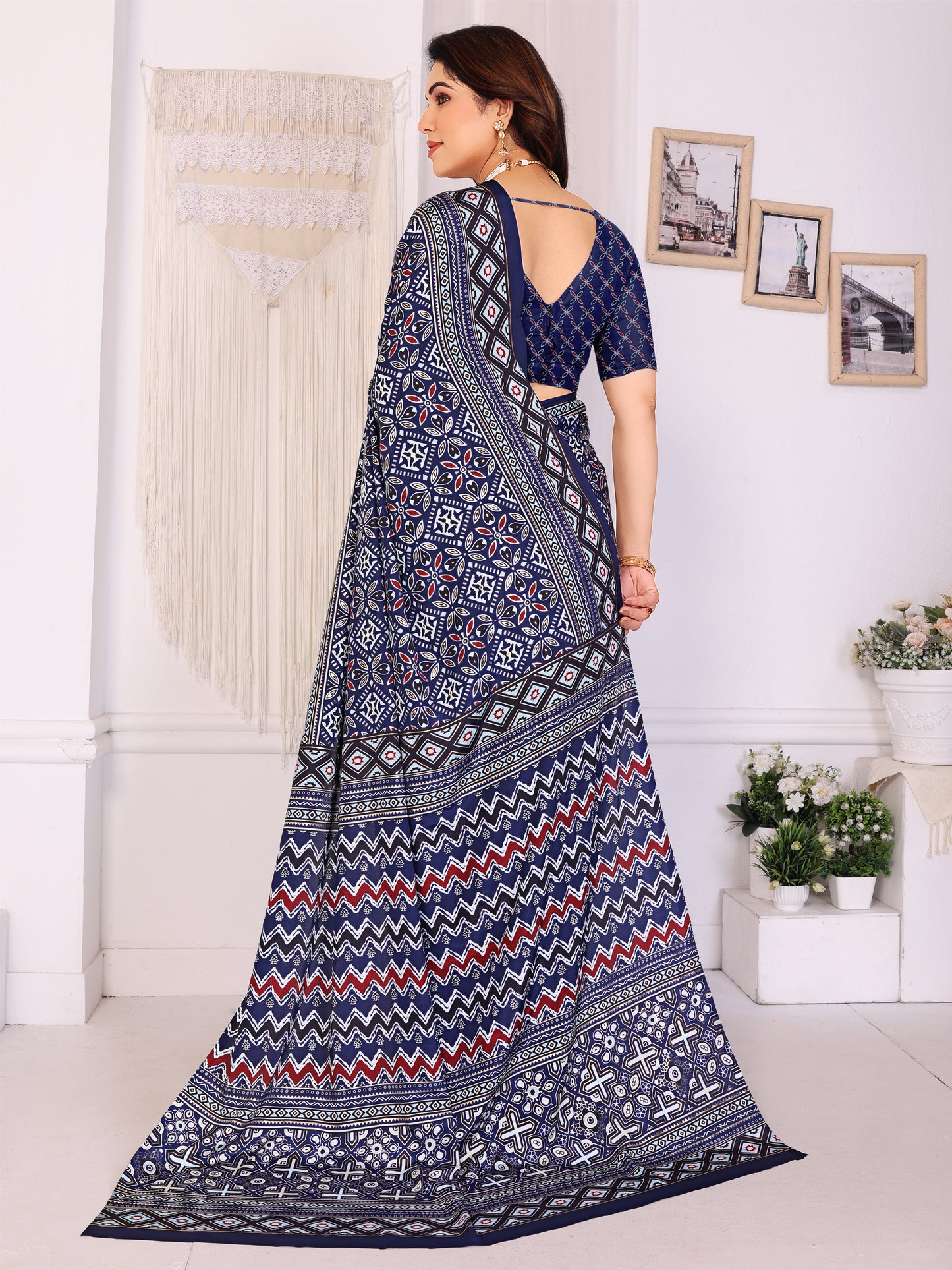 Royal Blue Pure Silk Saree with Traditional Ajrakh-Inspired Print