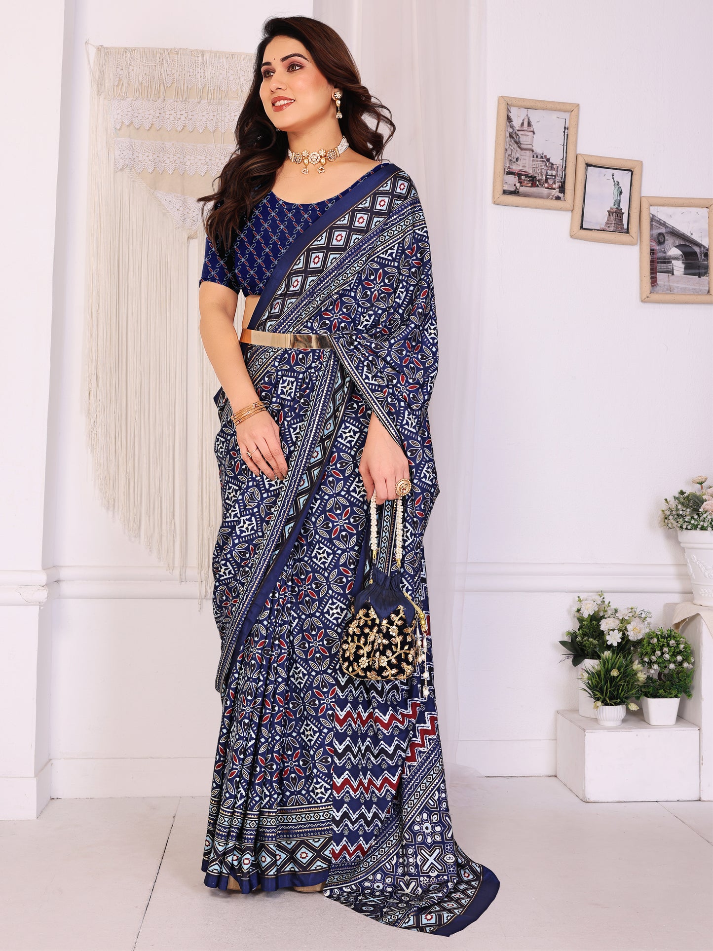 Royal Blue Pure Silk Saree with Traditional Ajrakh-Inspired Print
