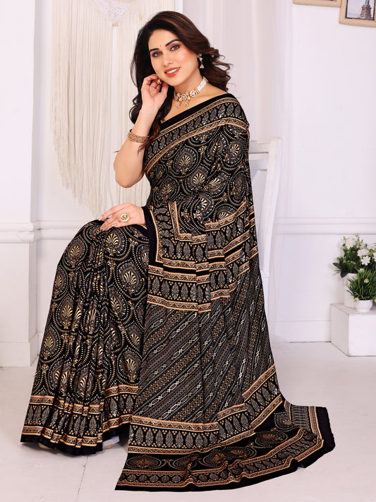 Black & Golden Pure Silk Saree with Traditional Motif Print