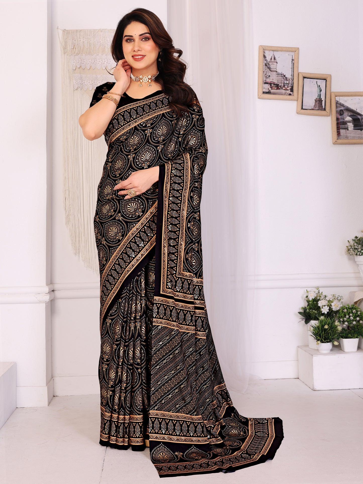 Black & Golden Pure Silk Saree with Traditional Motif Print