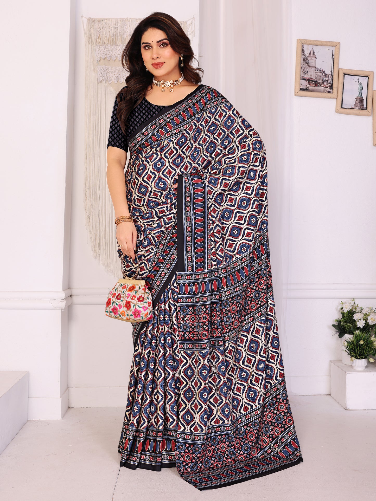 Black & Red Traditional Printed Pure Silk Saree with Contrast Blouse