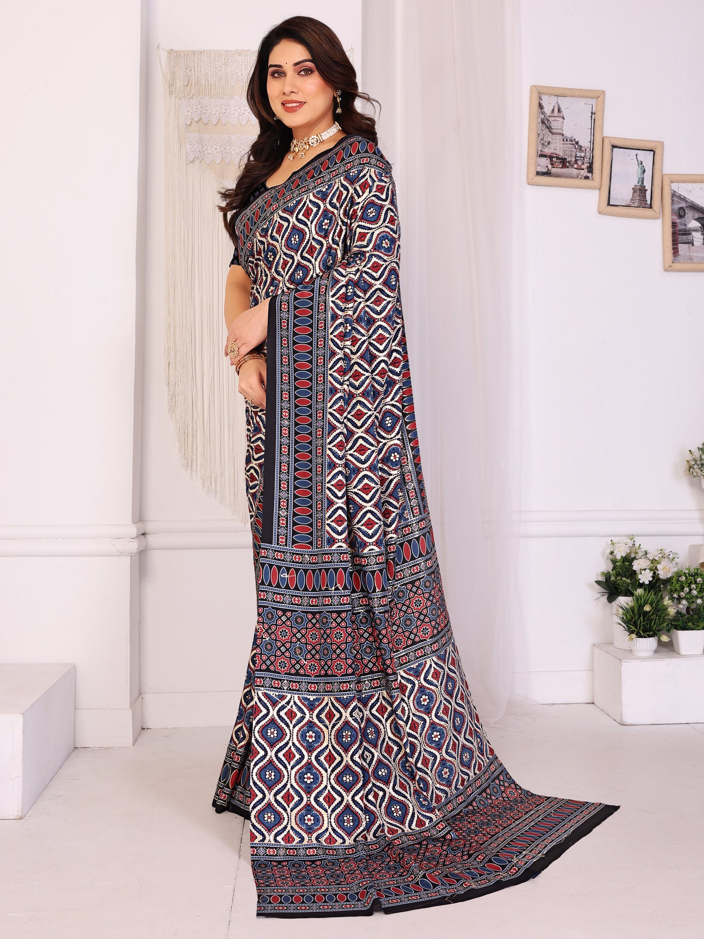 Black & Red Traditional Printed Pure Silk Saree with Contrast Blouse