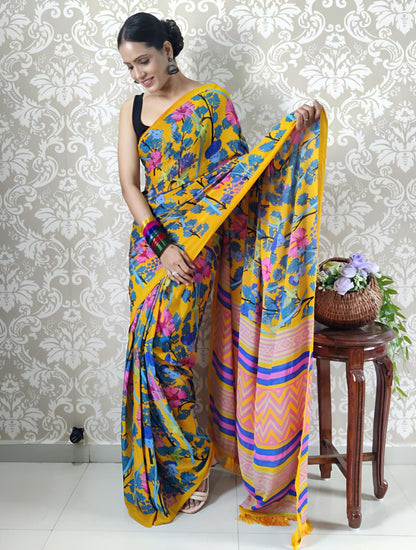 Blooming Yellow Mul Georgette Saree with Abstract Floral & Striped Pallu