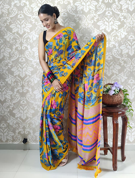 Blooming Yellow Mul Georgette Saree with Abstract Floral & Striped Pallu
