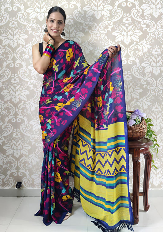 Navy Blue Mul Georgette Saree with Multicolor Floral Print & Yellow Striped Pallu