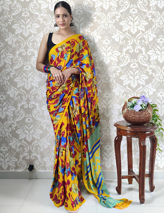 Mustard Yellow Mul Georgette Saree with Multicolor Floral Print & Striped Pallu