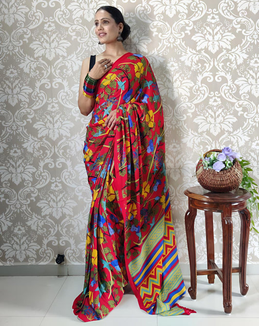 Red Mul Georgette Saree with Multicolor Floral Print & Designer Striped Pallu