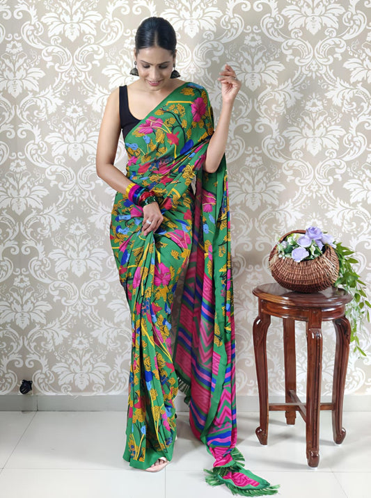 Green Mul Georgette Saree with Multicolor Floral Print & Striped Chevron Pallu