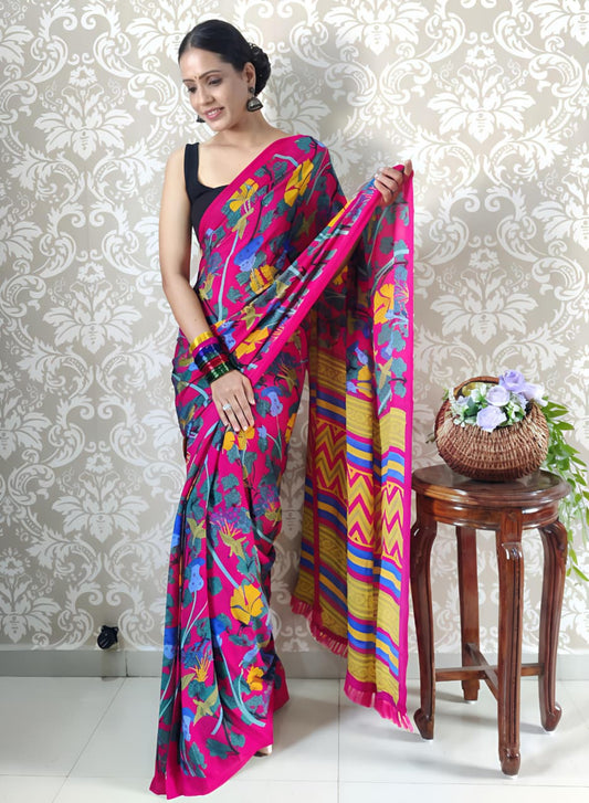 Magenta Pink Mul Georgette Saree with Multicolor Floral Print & Striped Chevron Pallu