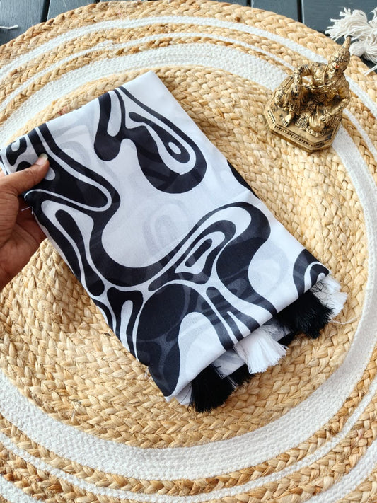 Black & White Abstract Brush Print Georgette Saree