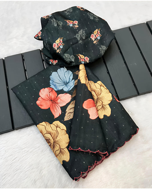 Black Floral Print Soft Linen Saree with Matching Blouse Piece
