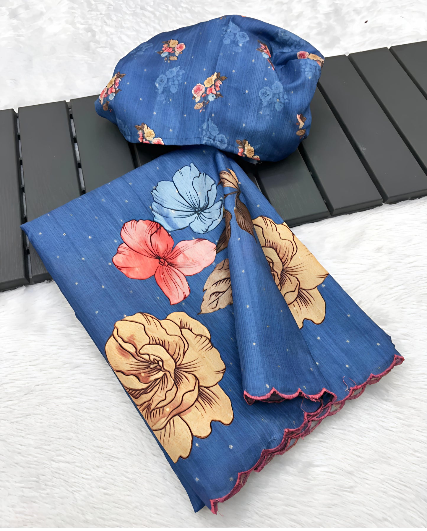 Blue Floral Print Soft Linen Saree with Matching Blouse Piece