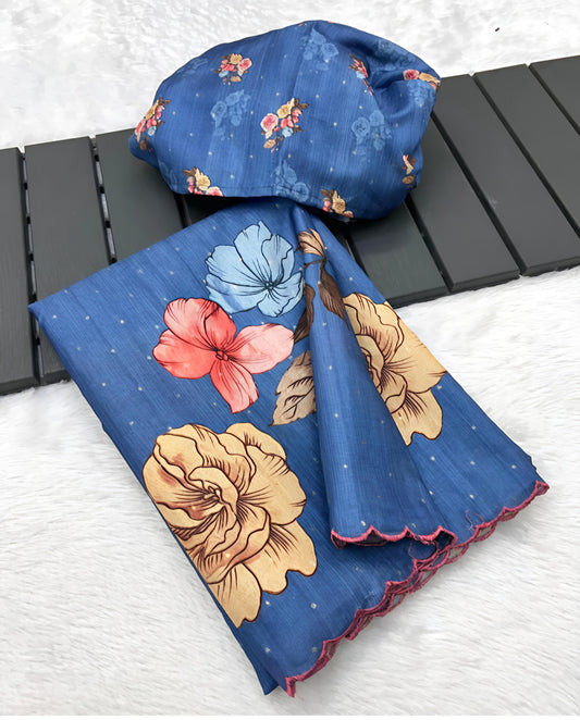 Blue Floral Print Soft Linen Saree with Matching Blouse Piece