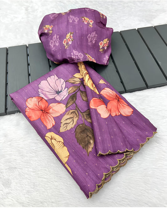 Purple Floral Print Soft Linen Saree with Matching Blouse Piece