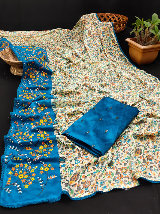 Cream & Blue Heavy Chiffon Blooming Georgette Saree with Multicolor Embroidery & Sequins Work