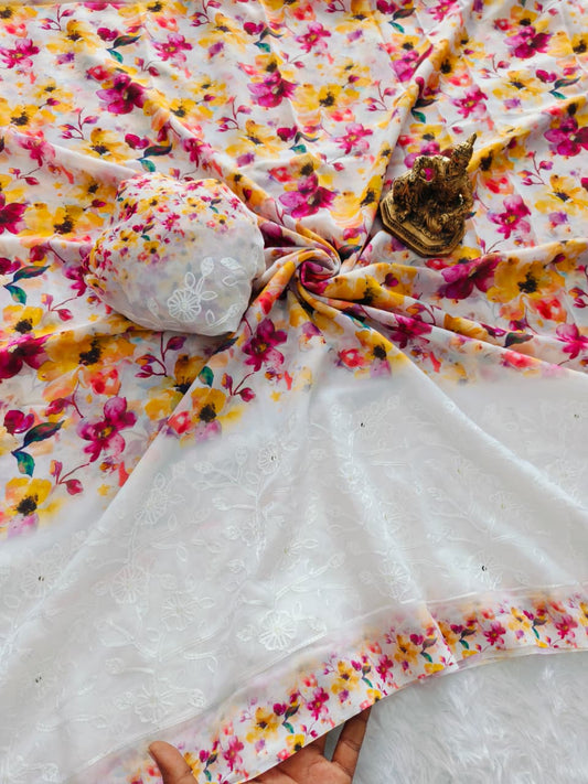 White Chiffon Blooming Georgette Saree with Multicolor Embroidery & Sequins Work