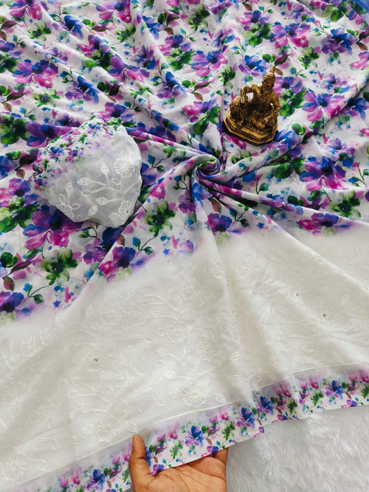 Elegant Chiffon Blooming Georgette Saree with Multicolor Embroidery & Sequins Work
