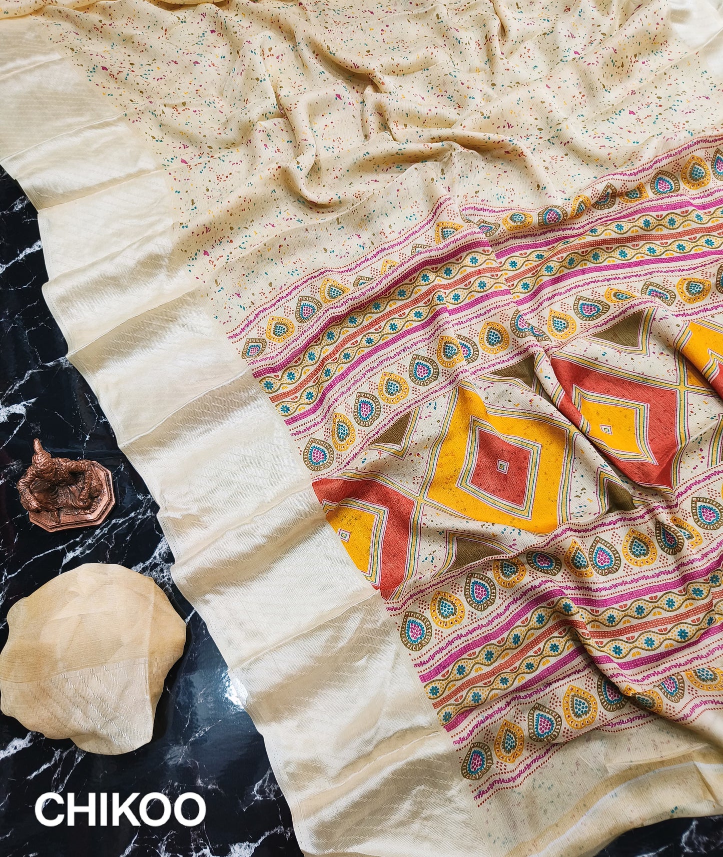 Elegant Navy Blue Matka Silk Saree with Multicolor Chevron & Paisley Design