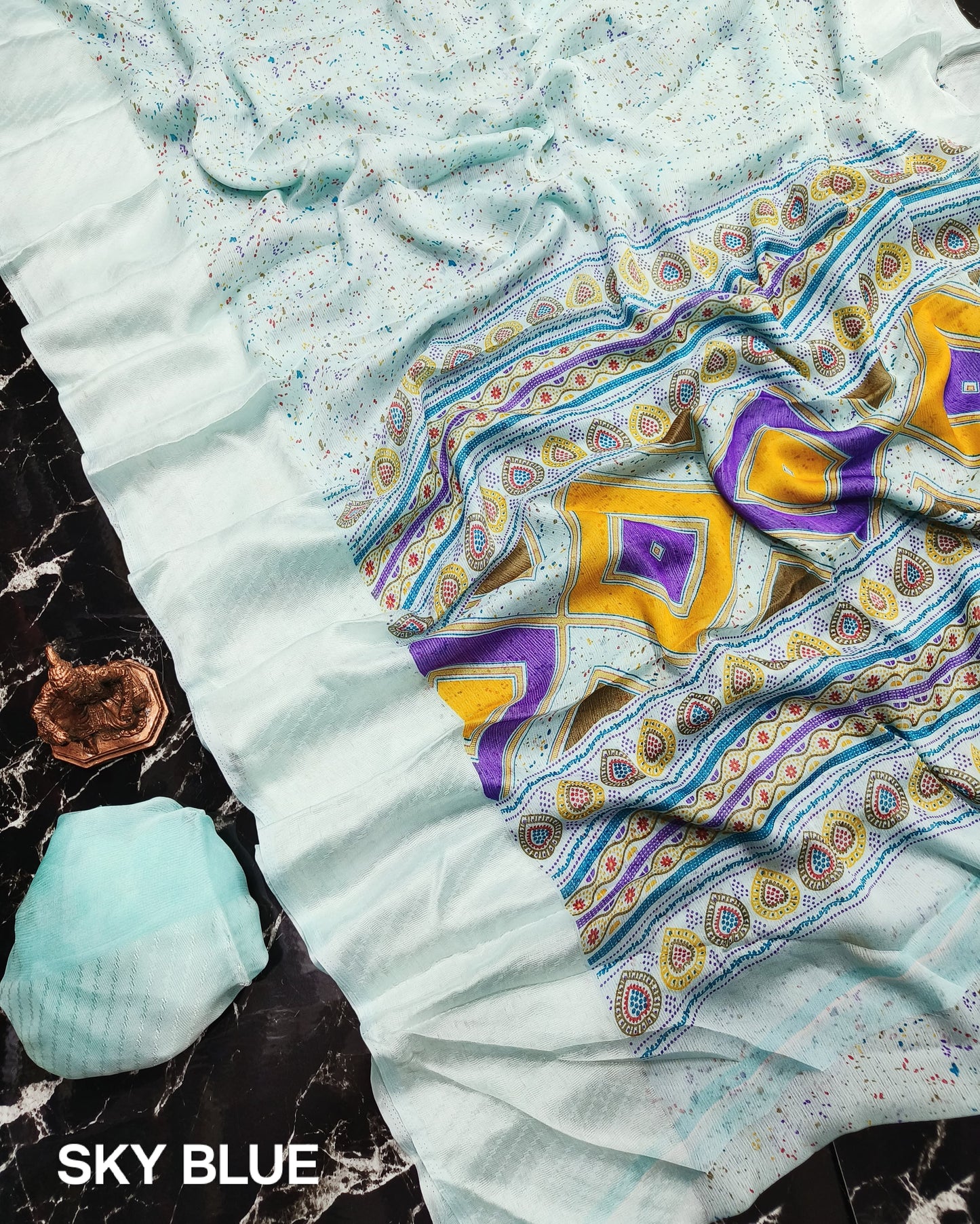 Elegant Navy Blue Matka Silk Saree with Multicolor Chevron & Paisley Design