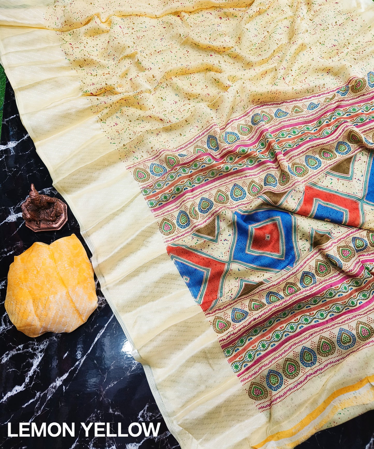 Elegant Navy Blue Matka Silk Saree with Multicolor Chevron & Paisley Design