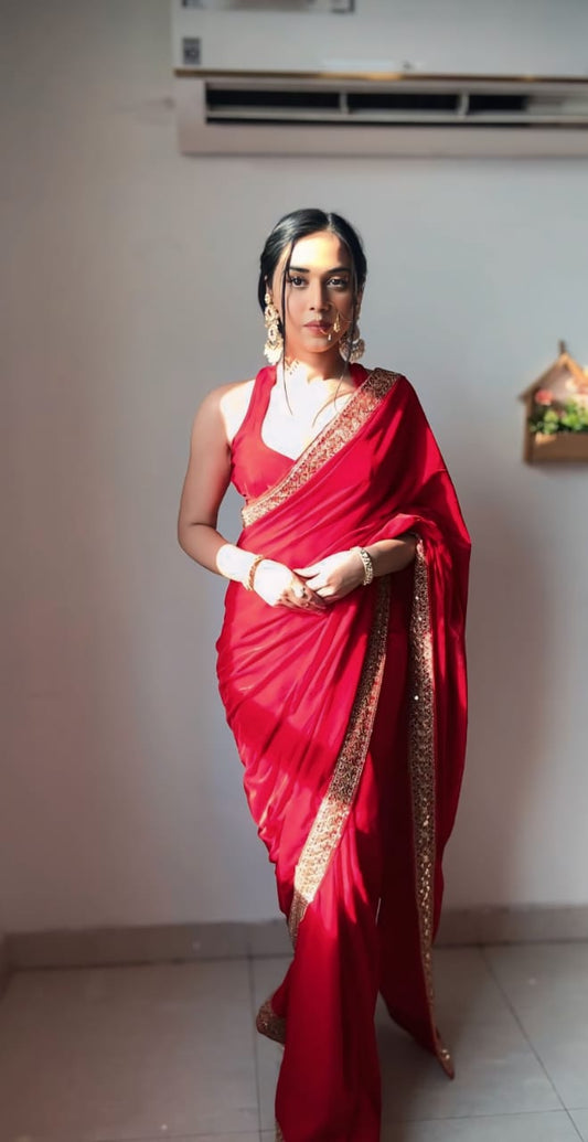 Red Pure Valvet Saree With Embroidery Border