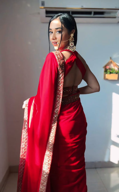 Red Pure Valvet Saree With Embroidery Border