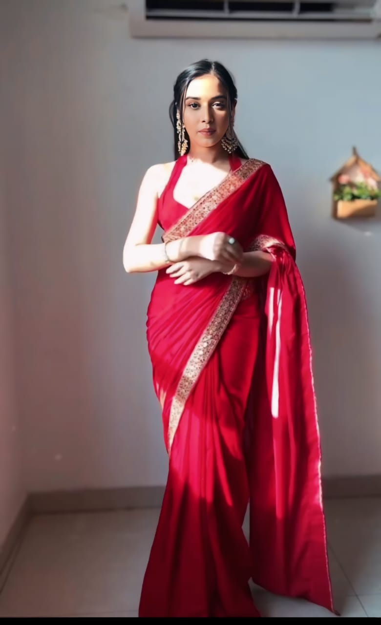 Red Pure Valvet Saree With Embroidery Border