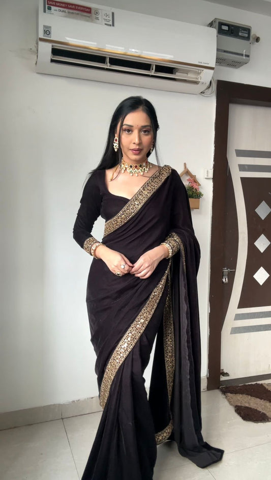 Black Pure Valvet Saree With Embroidery Border